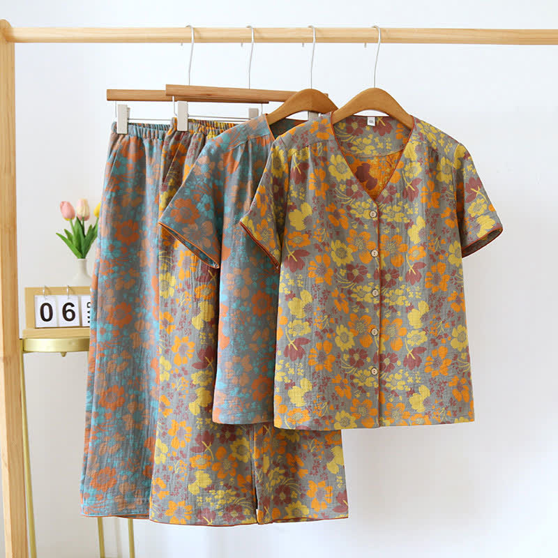 Abbigliamento da casa in cotone con scollo a V e motivo jacquard a fiori vistosi