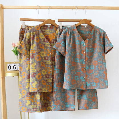 Abbigliamento da casa in cotone con scollo a V e motivo jacquard a fiori vistosi