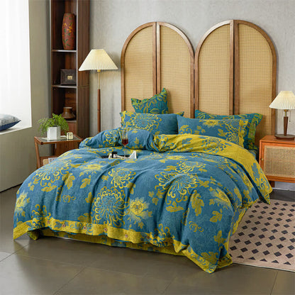 Lussuoso set di biancheria da letto in garza di cotone con motivo floreale jacquard (4 pezzi)