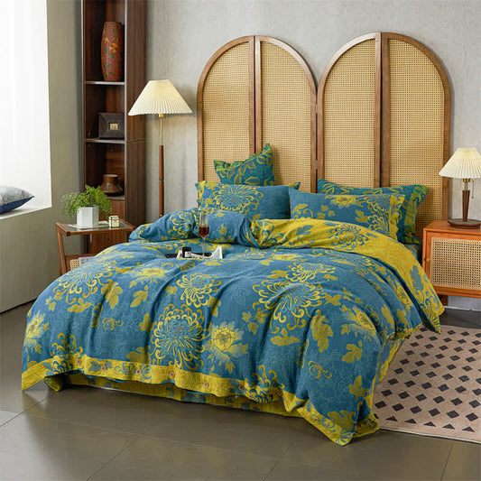 Lussuoso set di biancheria da letto in garza di cotone con motivo floreale jacquard (4 pezzi)