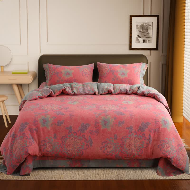 Lussuoso set di biancheria da letto in garza di cotone con motivo floreale jacquard (4 pezzi)