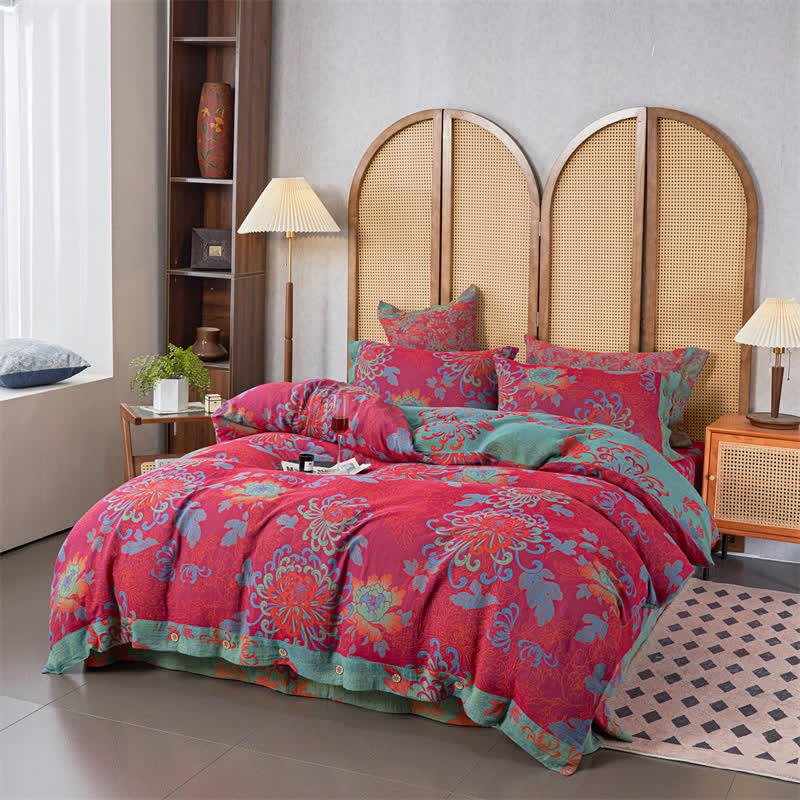Lussuoso set di biancheria da letto in garza di cotone con motivo floreale jacquard (4 pezzi)