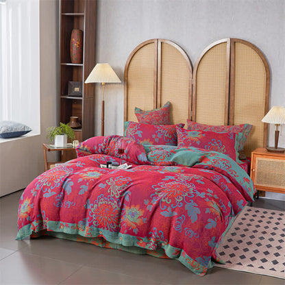 Lussuoso set di biancheria da letto in garza di cotone con motivo floreale jacquard (4 pezzi)