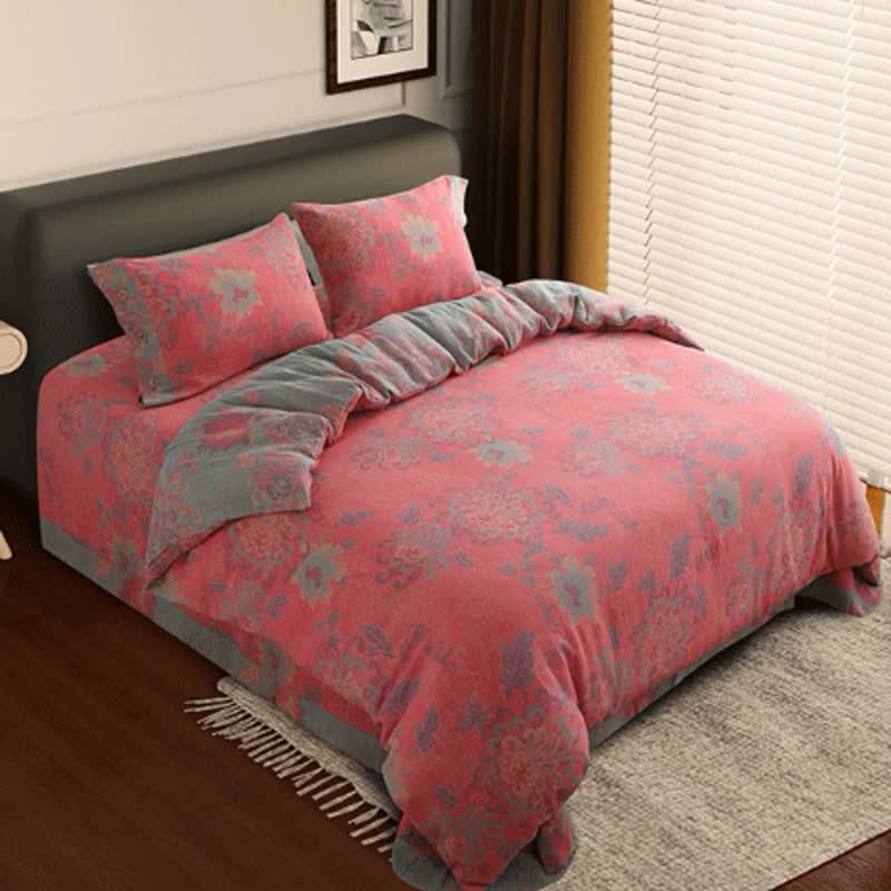 Lussuoso set di biancheria da letto in garza di cotone con motivo floreale jacquard (4 pezzi)