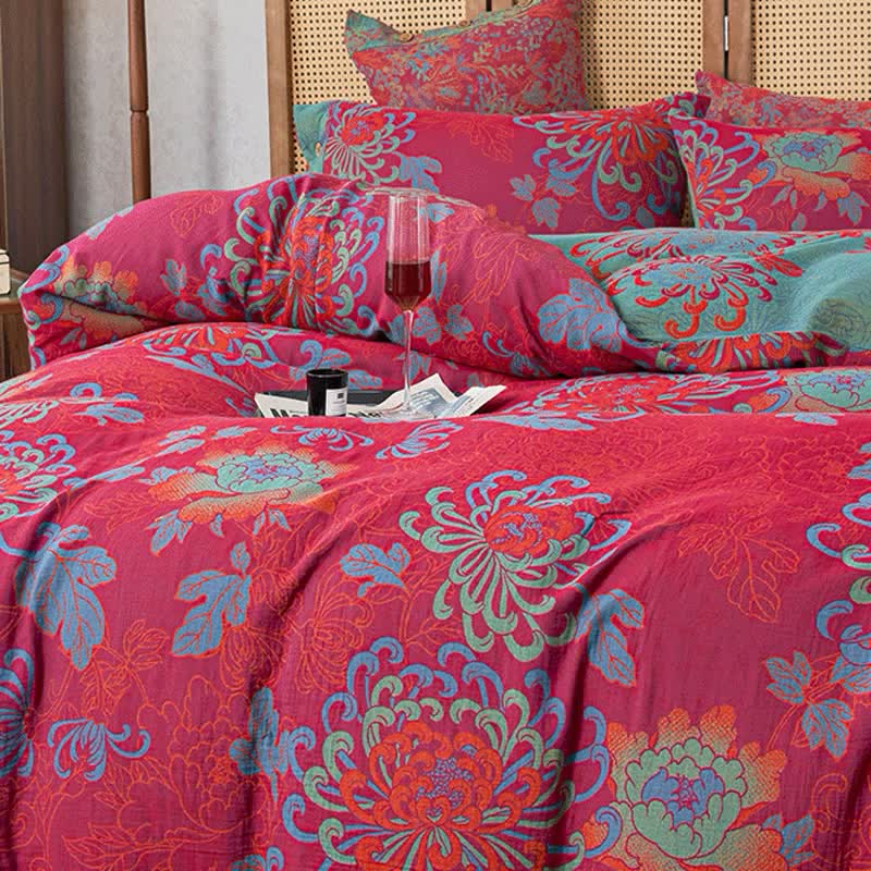 Lussuoso set di biancheria da letto in garza di cotone con motivo floreale jacquard (4 pezzi)