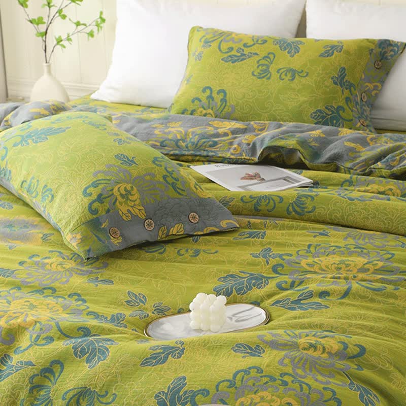 Lussuoso set di biancheria da letto in garza di cotone con motivo floreale jacquard (4 pezzi)