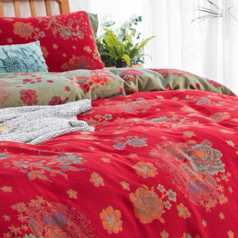 Set di biancheria da letto in garza di cotone Jacquard Rustic Rose (4 pezzi)