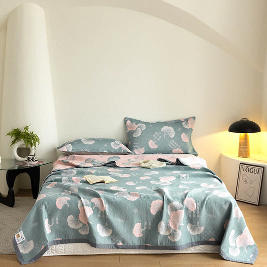 Trapunta in cotone a tre strati con motivo a foglie di ginkgo in jacquard
