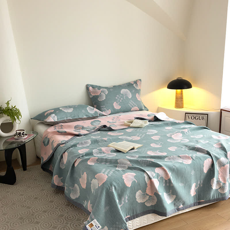 Trapunta in cotone a tre strati con motivo a foglie di ginkgo in jacquard
