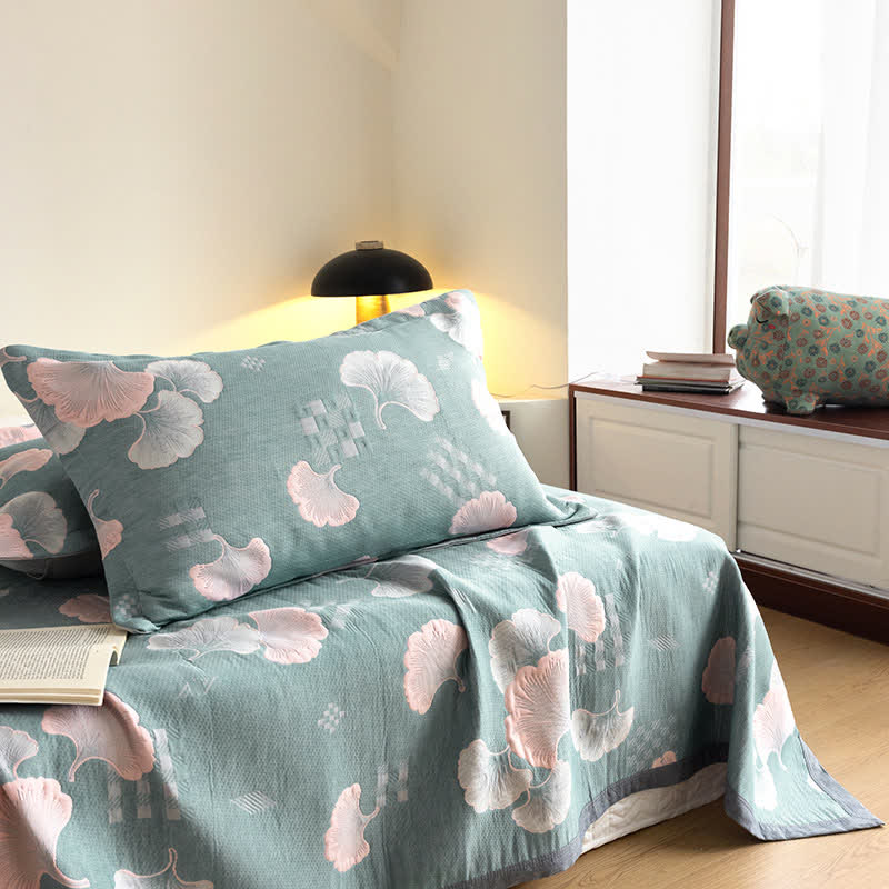 Trapunta in cotone a tre strati con motivo a foglie di ginkgo in jacquard