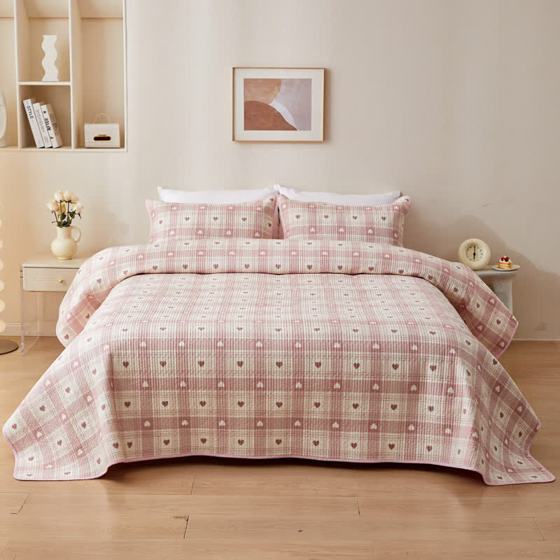 Biancheria da letto trapuntata in puro cotone con motivo a cuore e plaid