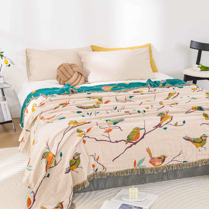 Trapunta con nappe di uccelli pastorali in garza di cotone