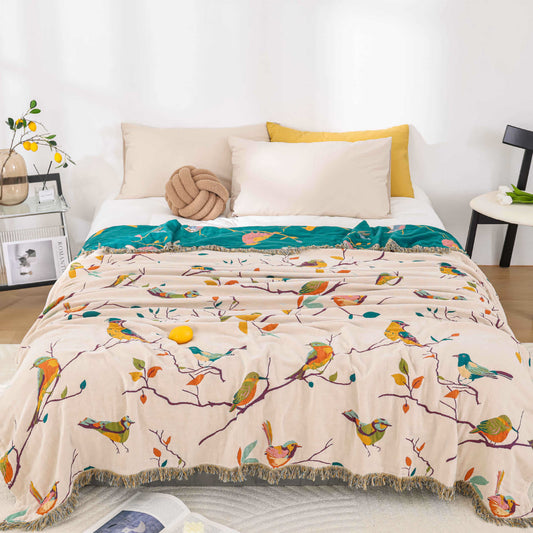Trapunta con nappe di uccelli pastorali in garza di cotone