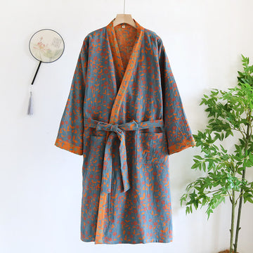 Accappatoio floreale comodo in garza di cotone jacquard - Blu scuro e arancione - L - image 0