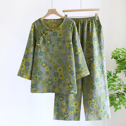 Completo da notte floreale in puro cotone tinto in filo - Grigio e verde - XL - image 1