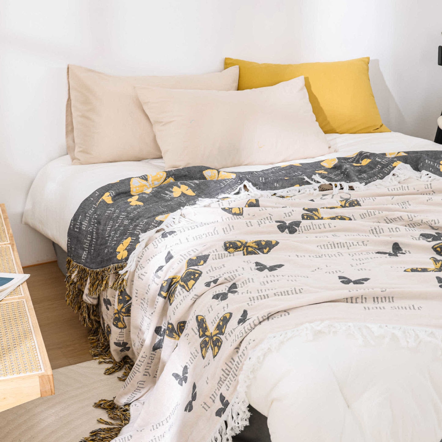 Trapunta con nappe a farfalla in garza di cotone jacquard