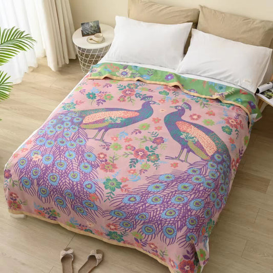 Elegante coperta in garza di cotone con motivo pavone e floreale