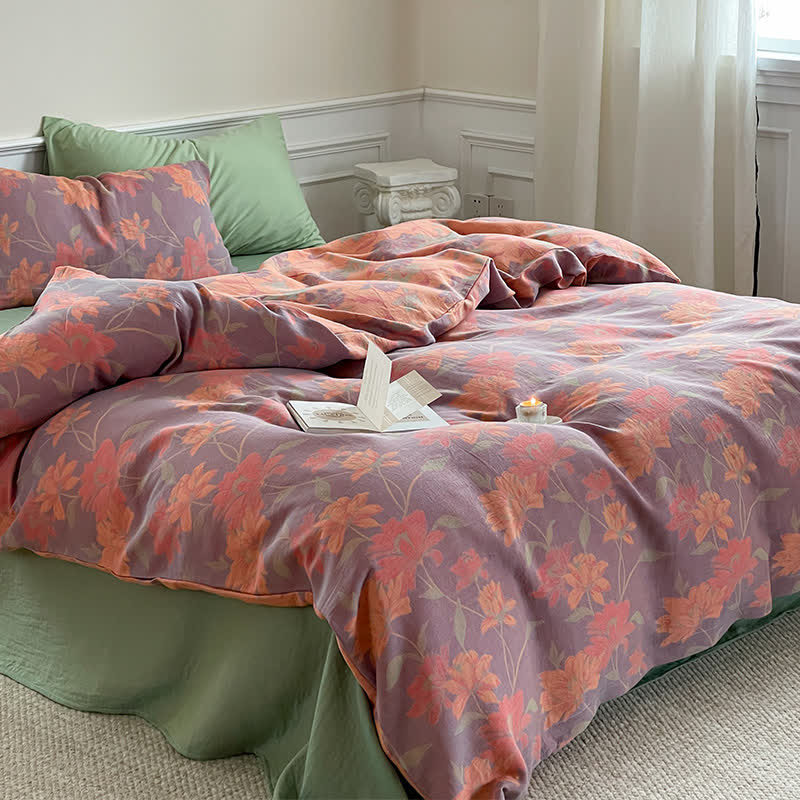 Set di biancheria da letto in garza di cotone con motivo pastorale Lotus (4 pezzi)