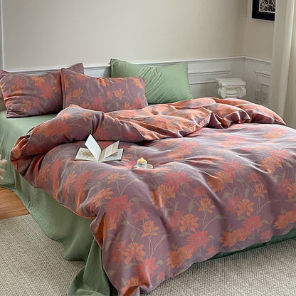 Set di biancheria da letto in garza di cotone con motivo pastorale Lotus (4 pezzi)