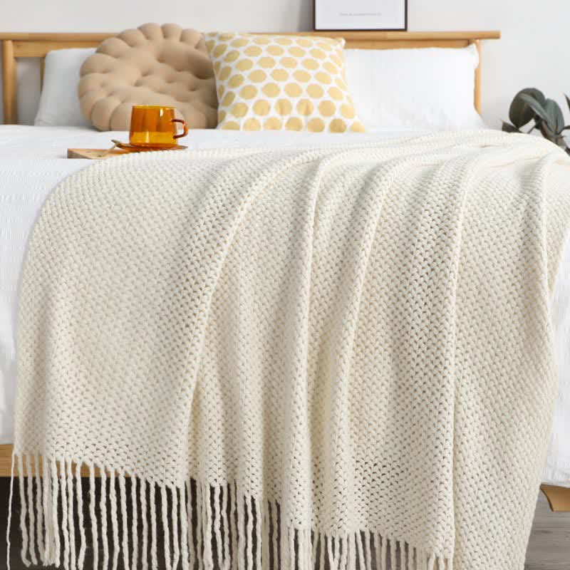 Coperta in maglia con nappe, semplice e tinta unita, Ownkoti
