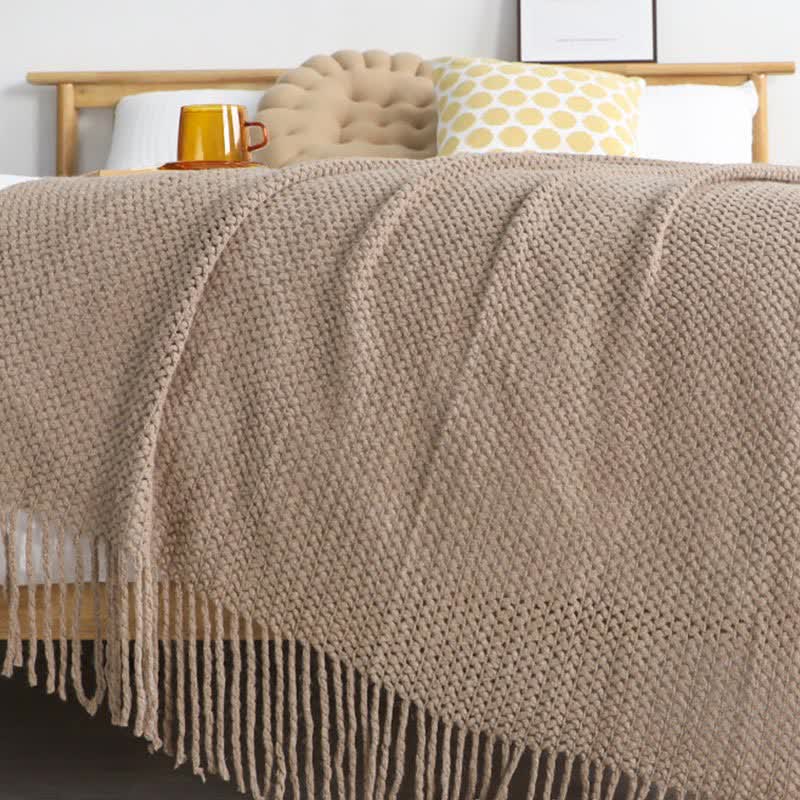 Coperta in maglia con nappe, semplice e tinta unita, Ownkoti