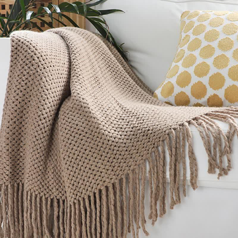Coperta in maglia con nappe, semplice e tinta unita, Ownkoti
