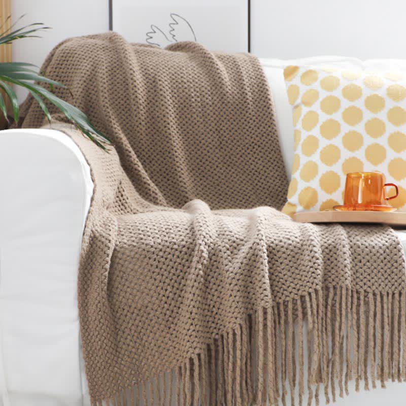 Coperta in maglia con nappe, semplice e tinta unita, Ownkoti