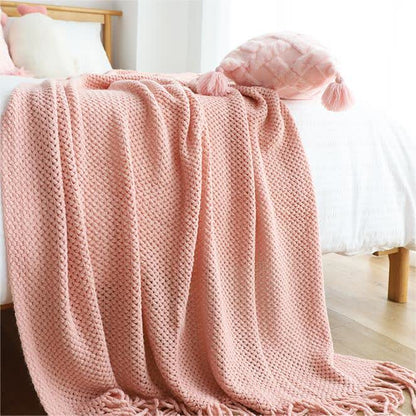 Coperta in maglia con nappe, semplice e tinta unita, Ownkoti