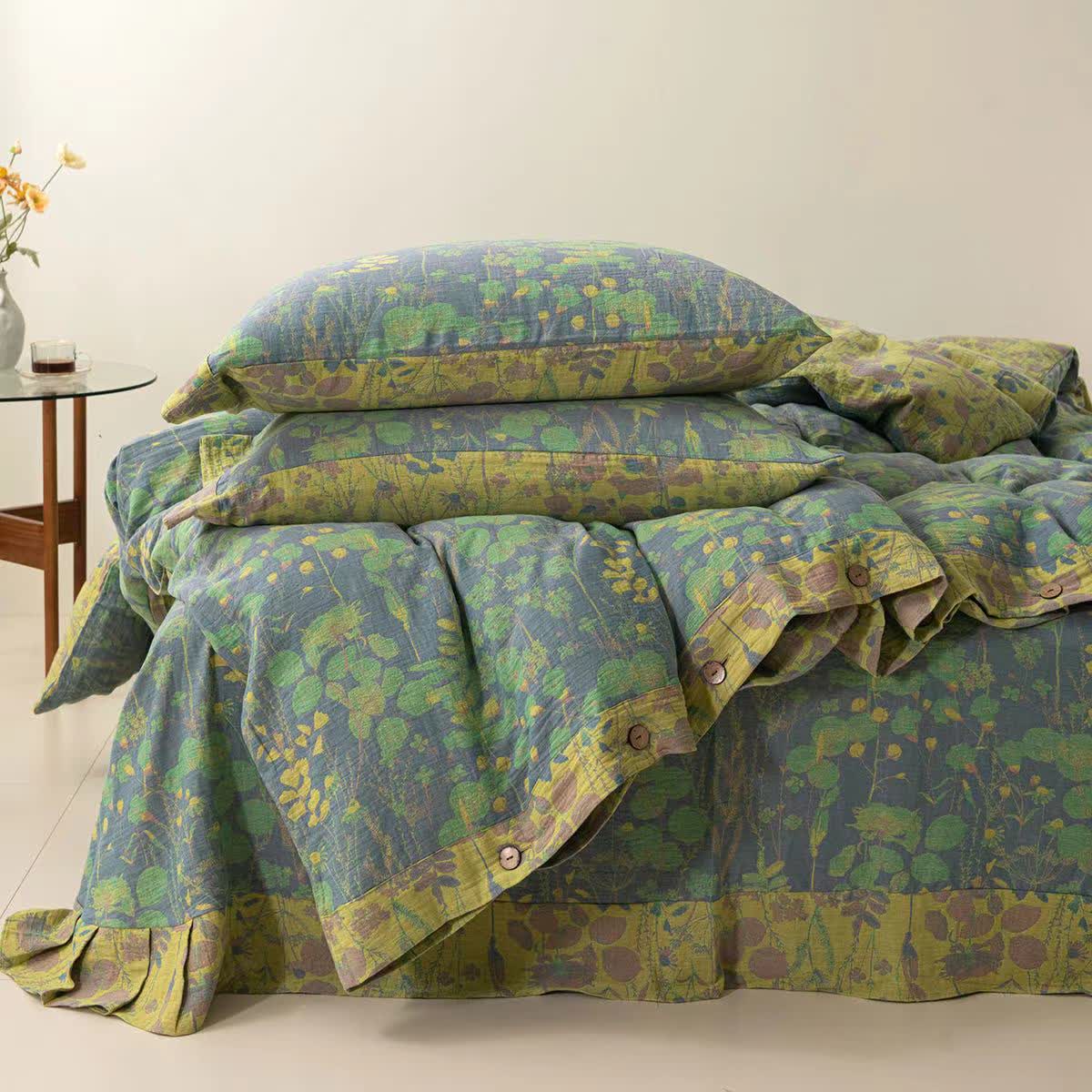 Set di biancheria da letto con bottoni in garza di cotone Lotus Pond (4 pezzi)