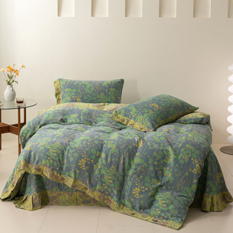 Set di biancheria da letto con bottoni in garza di cotone Lotus Pond (4 pezzi)