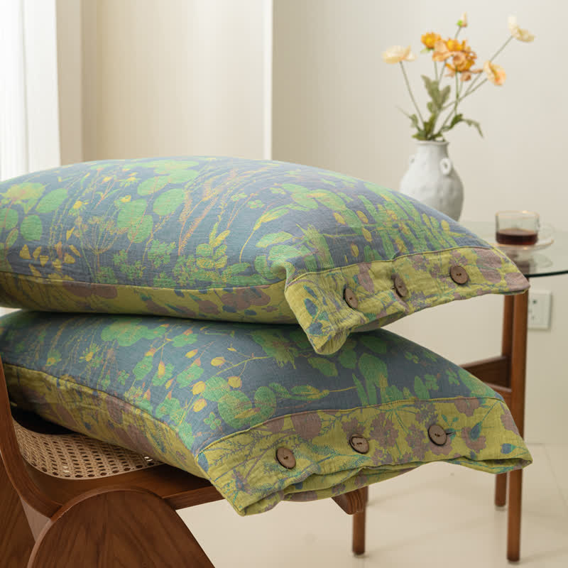 Set di biancheria da letto con bottoni in garza di cotone Lotus Pond (4 pezzi)