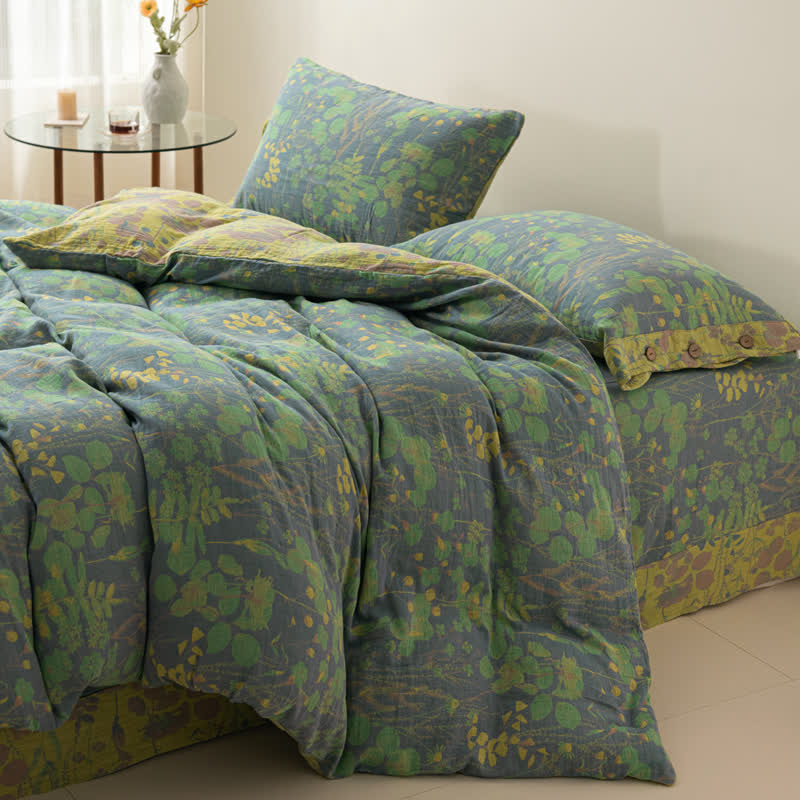 Set di biancheria da letto con bottoni in garza di cotone Lotus Pond (4 pezzi)