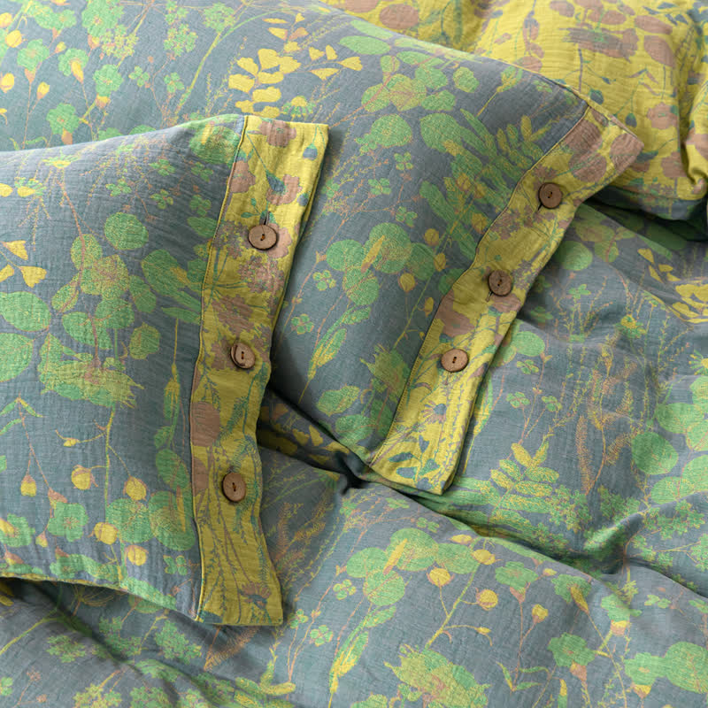 Set di biancheria da letto con bottoni in garza di cotone Lotus Pond (4 pezzi)