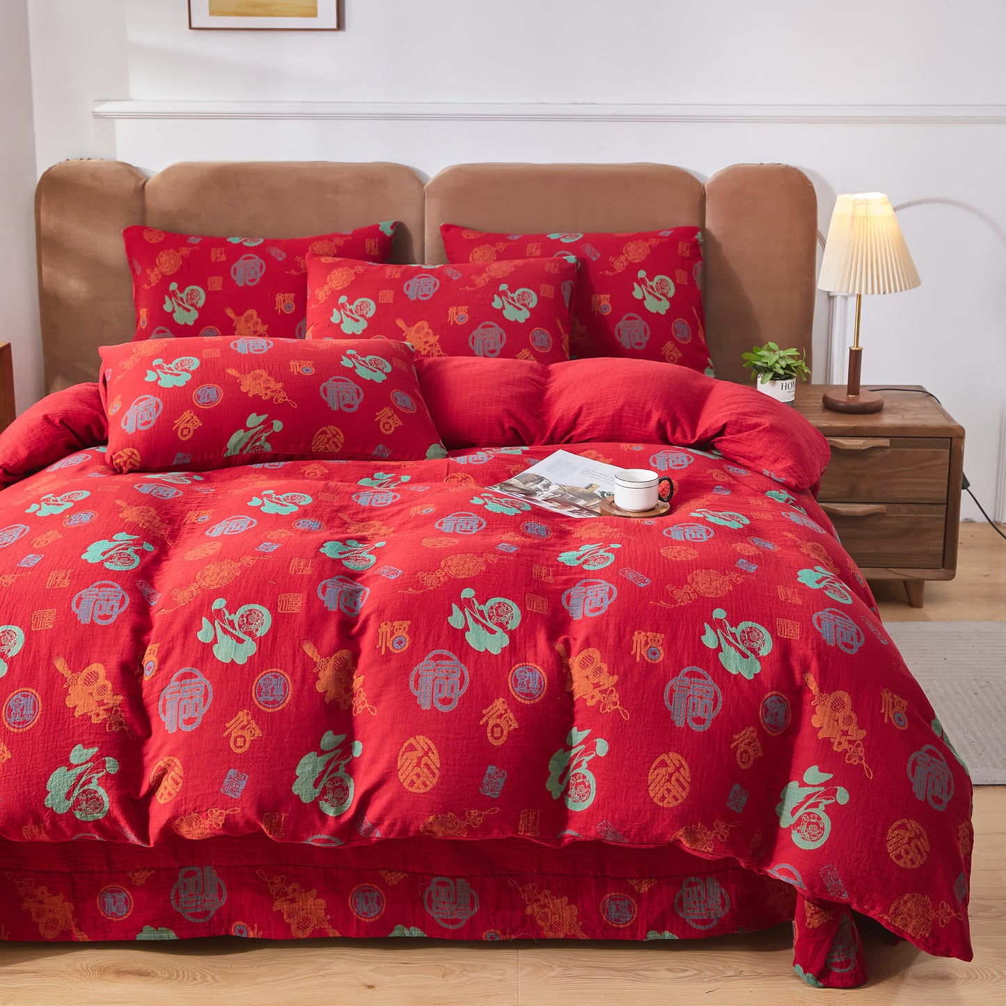 Set di biancheria da letto in garza di cotone con caratteri cinesi (4 pezzi)