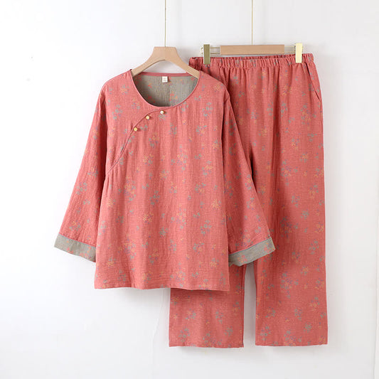 Completo da notte in puro cotone jacquard floreale