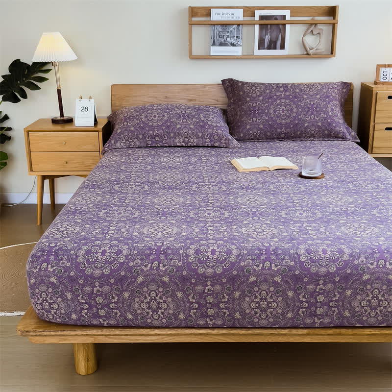 Lenzuolo con angoli vintage in puro cotone jacquard - Viola - Lenzuolo con 2 federe - Matrimoniale Grande - image 1