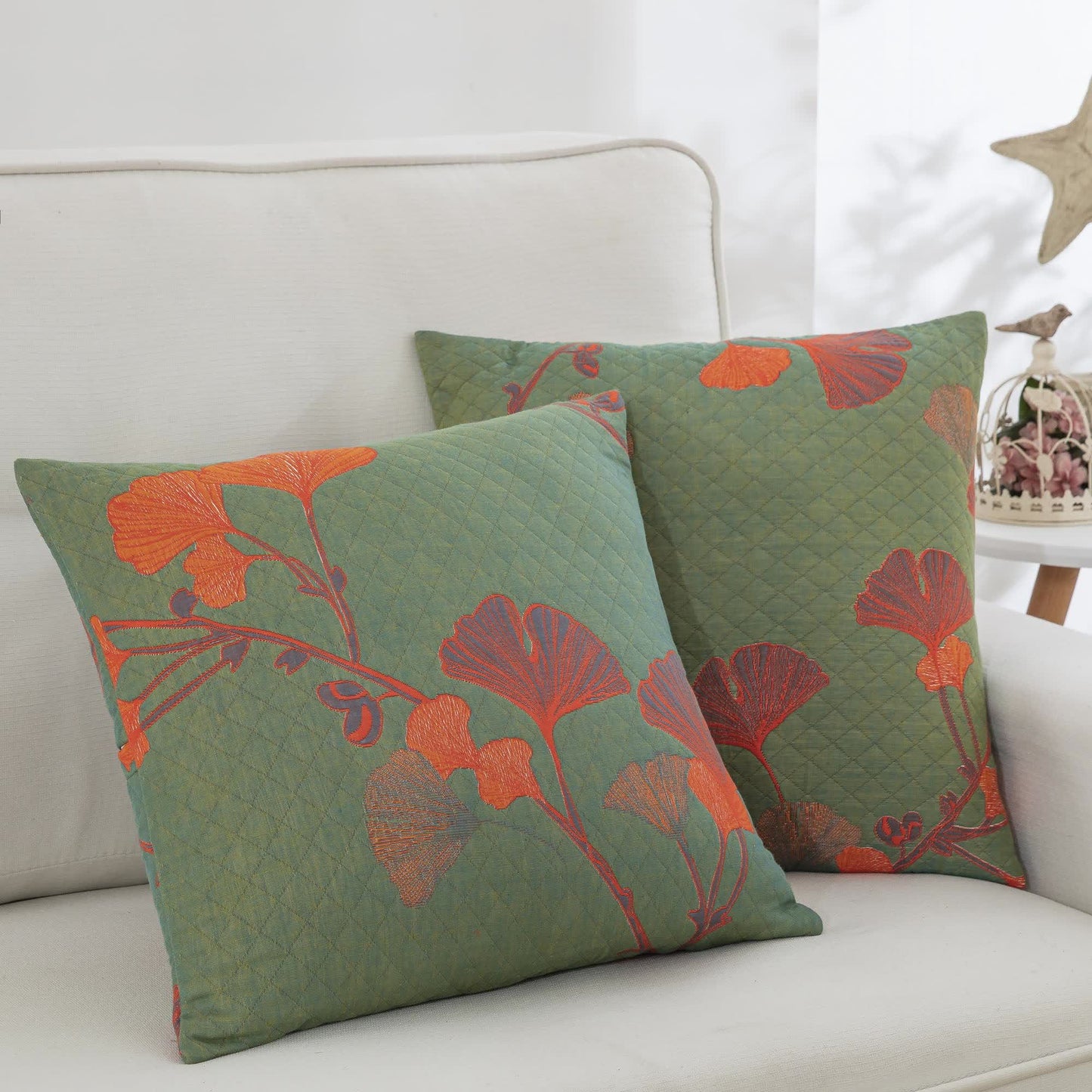 Federe in garza di cotone jacquard con foglie di ginkgo (2 pezzi)
