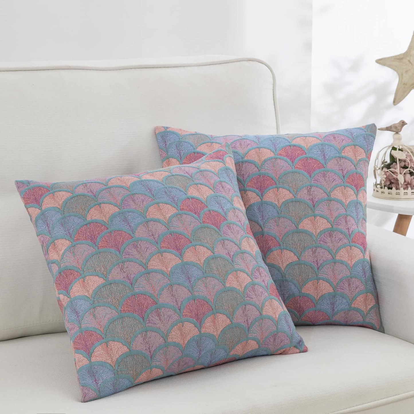 Federe in garza di cotone con motivo a squame di pesce in jacquard (2 pezzi)