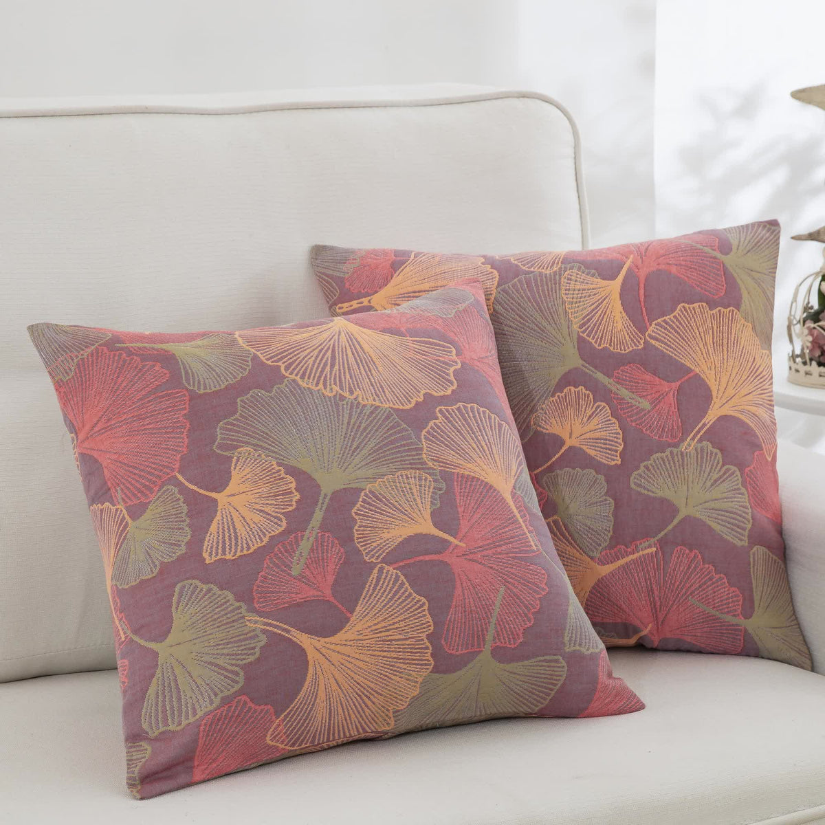 Federe in garza di cotone con motivo a foglie di ginkgo tinte in filo (2 pezzi) - Viola e rosa - 45cm x 45cm - image 6