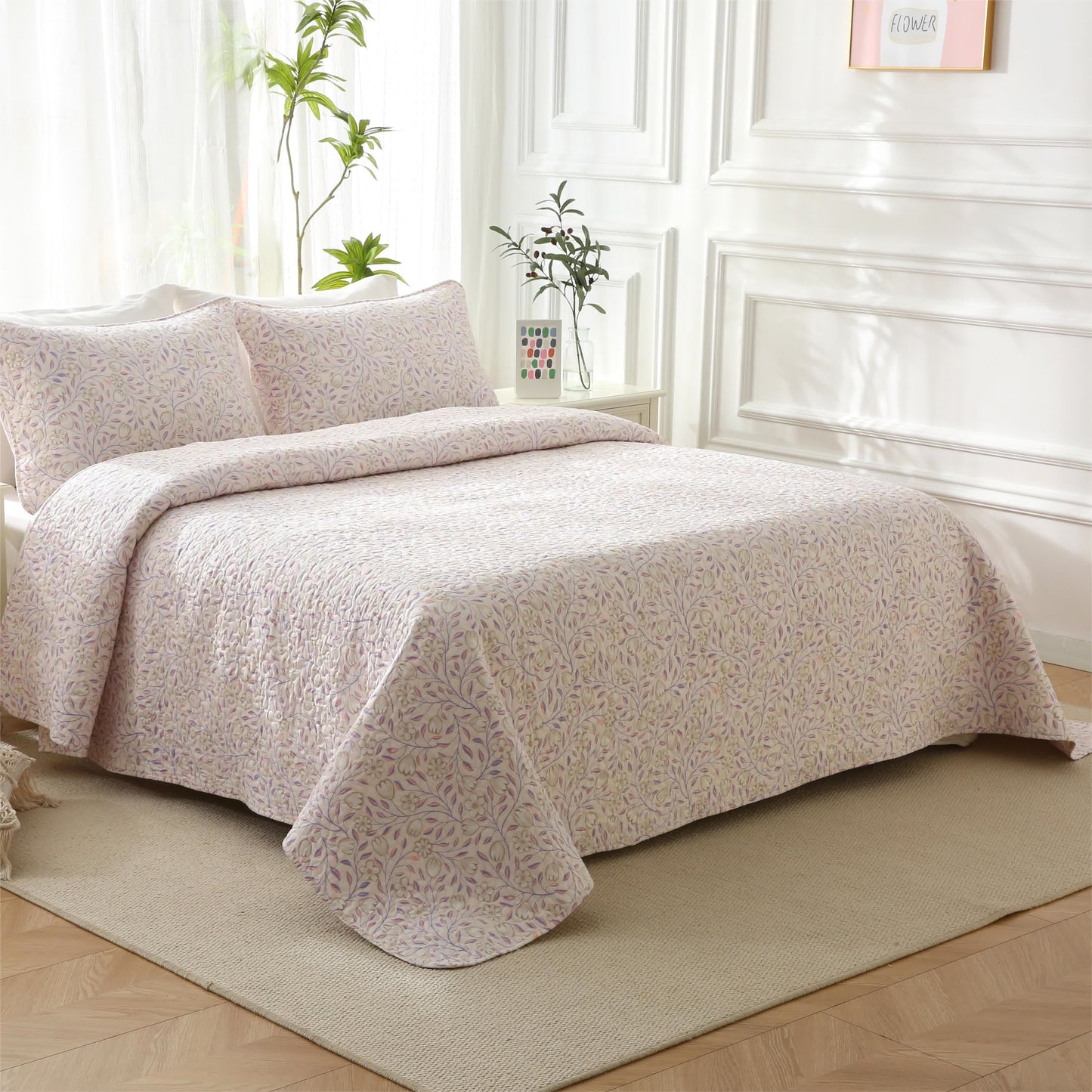 Biancheria da letto estiva trapuntata con motivi floreali in cotone