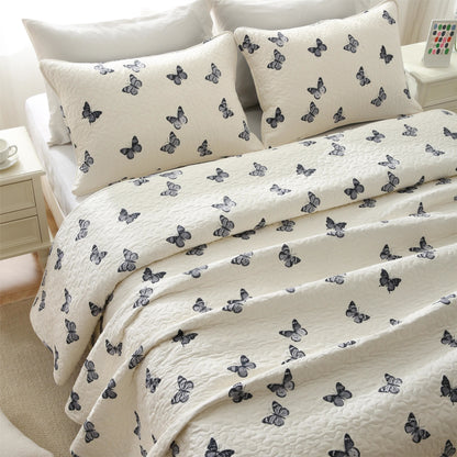 Elegante biancheria da letto trapuntata in puro cotone con motivo a farfalla