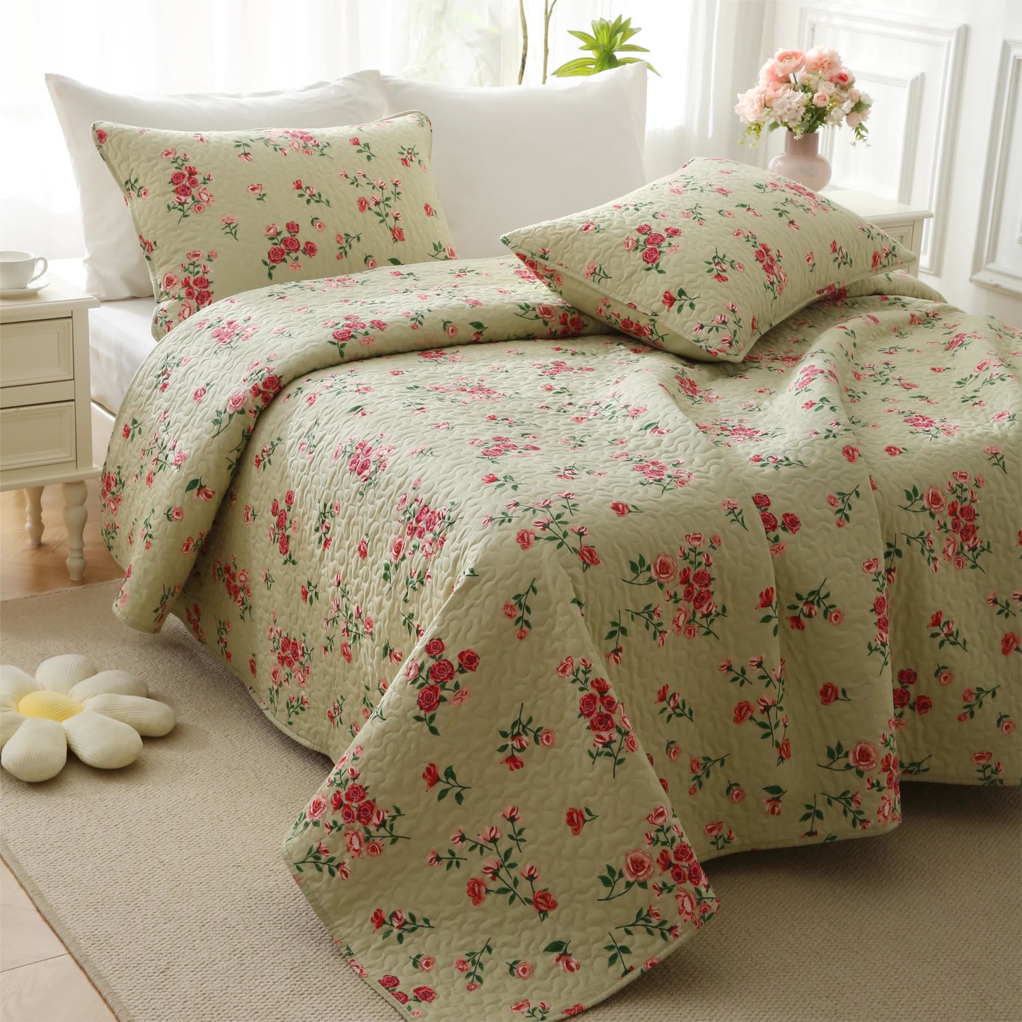 Elegante biancheria da letto trapuntata in cotone con motivo a rose