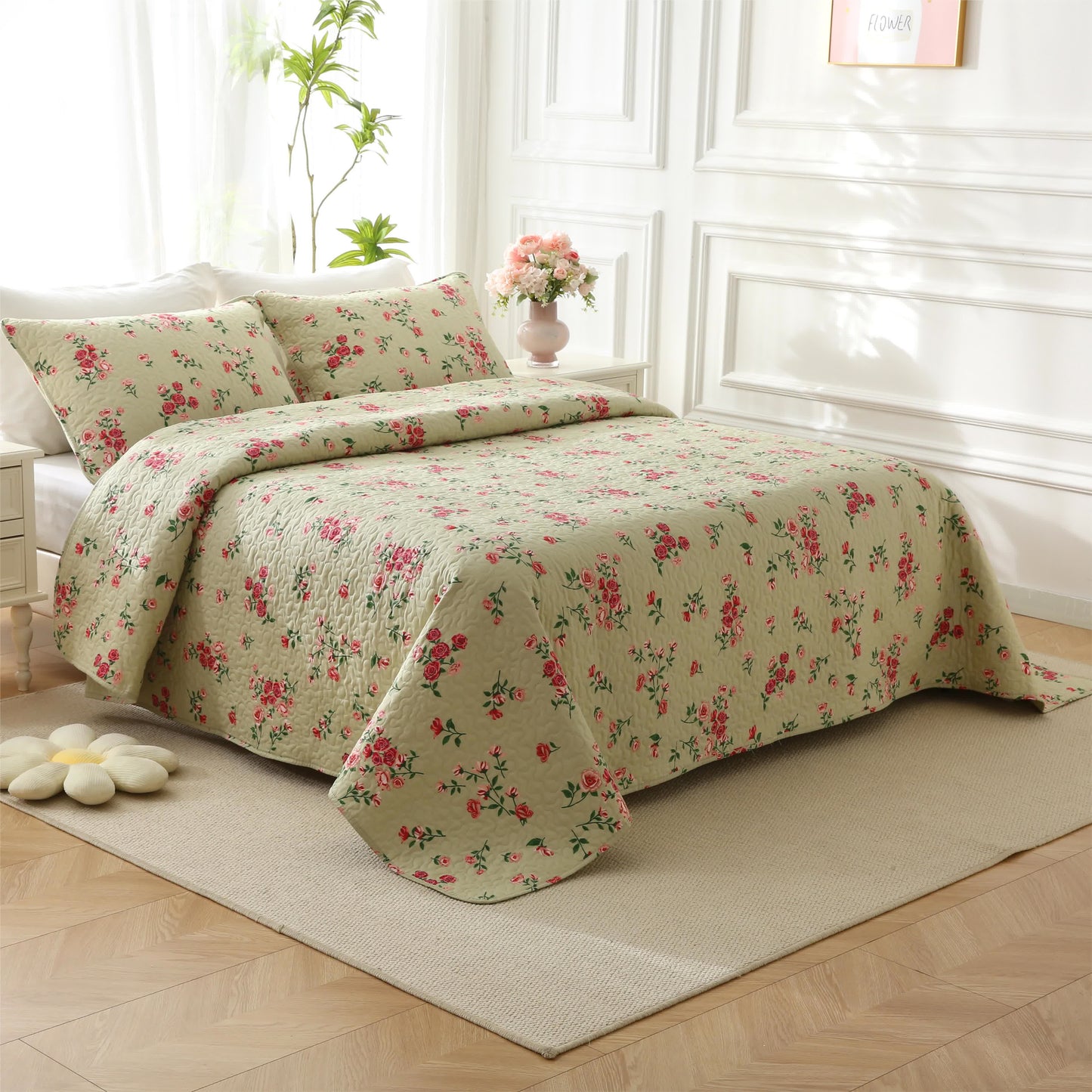 Elegante biancheria da letto trapuntata in cotone con motivo a rose