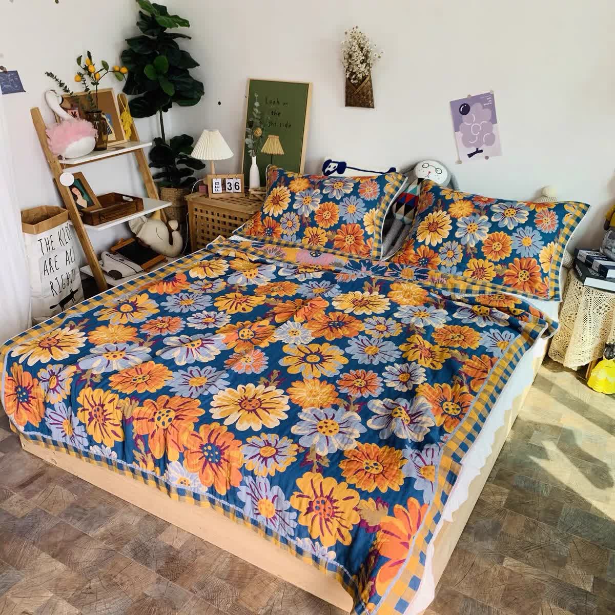 Trapunta traspirante in garza di cotone con motivo girasole rustico