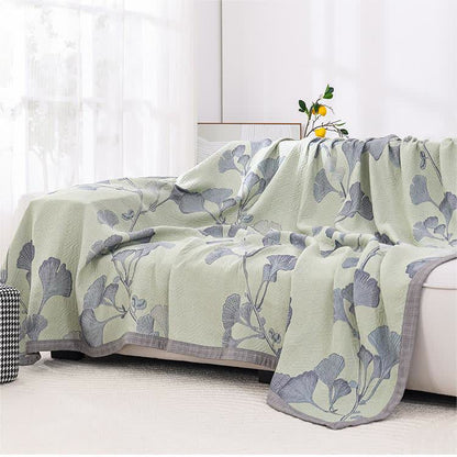 Trapunta reversibile in garza di cotone con foglie di ginkgo