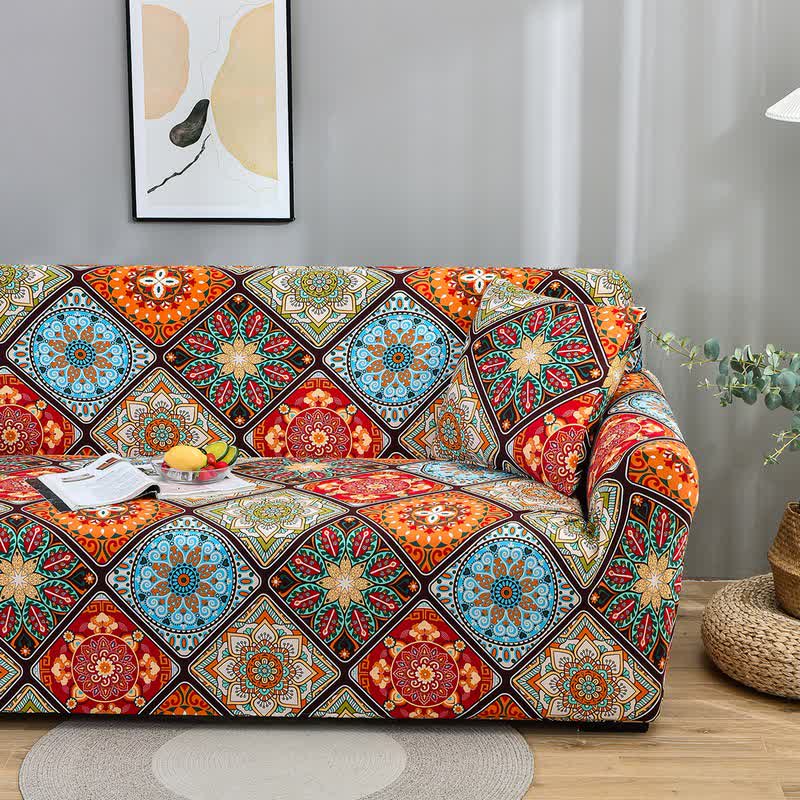 Copridivano elastico con fiori mandala retrò