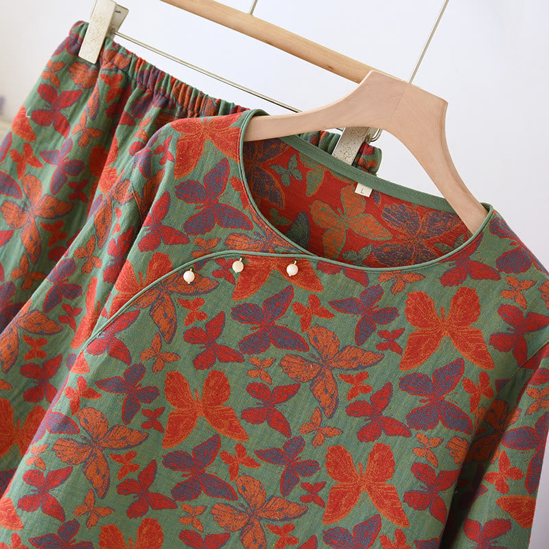 Pigiama in garza di cotone con farfalle jacquard