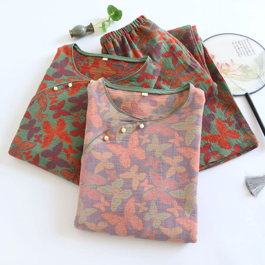 Pigiama in garza di cotone con farfalle jacquard