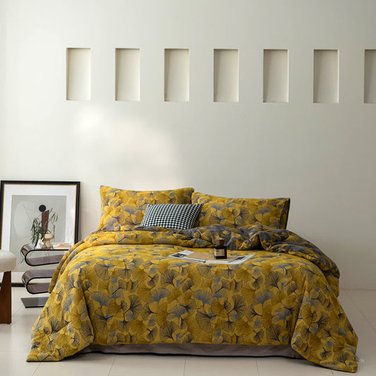 Elegante biancheria da letto in garza di cotone con foglie di ginkgo