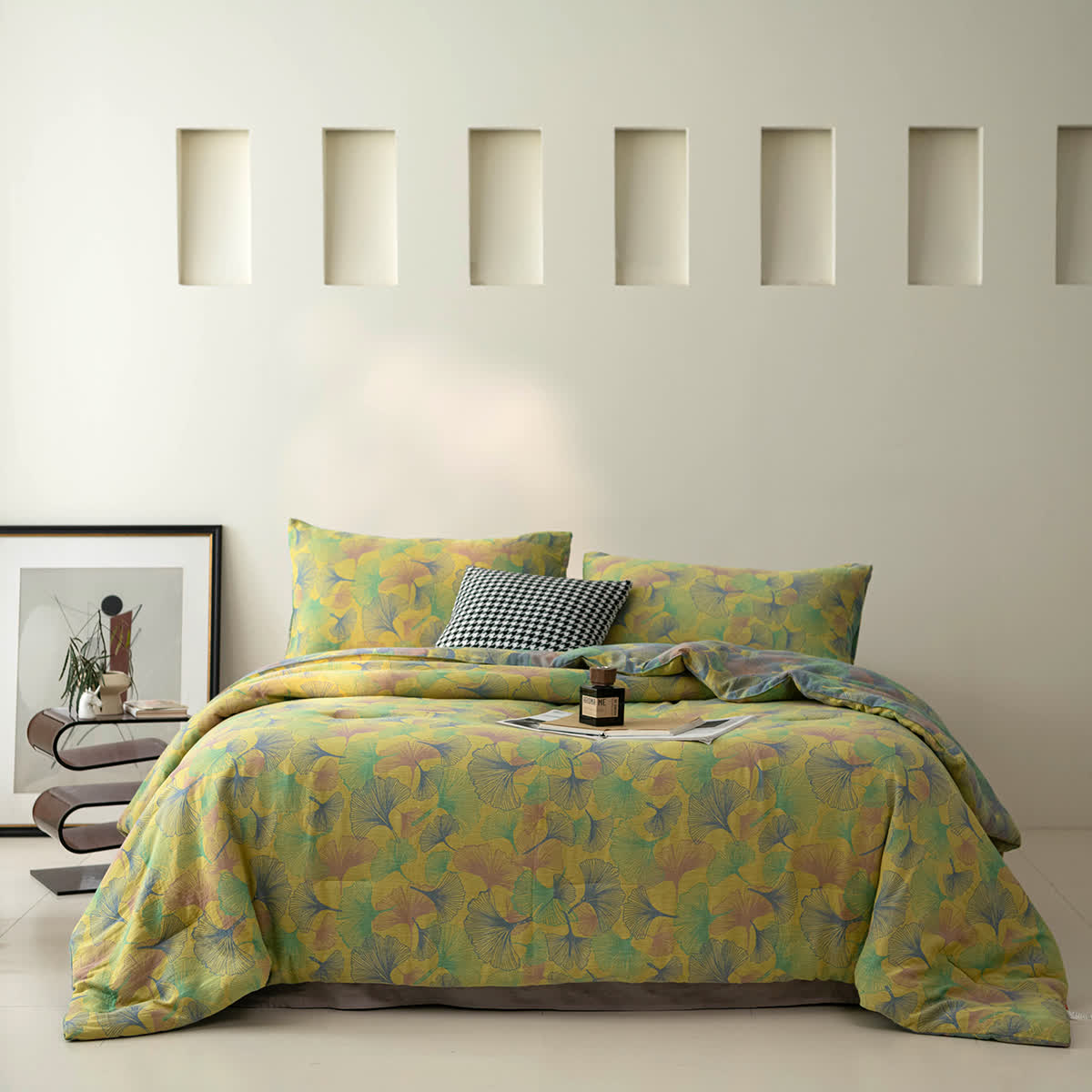 Elegante biancheria da letto in garza di cotone con foglie di ginkgo